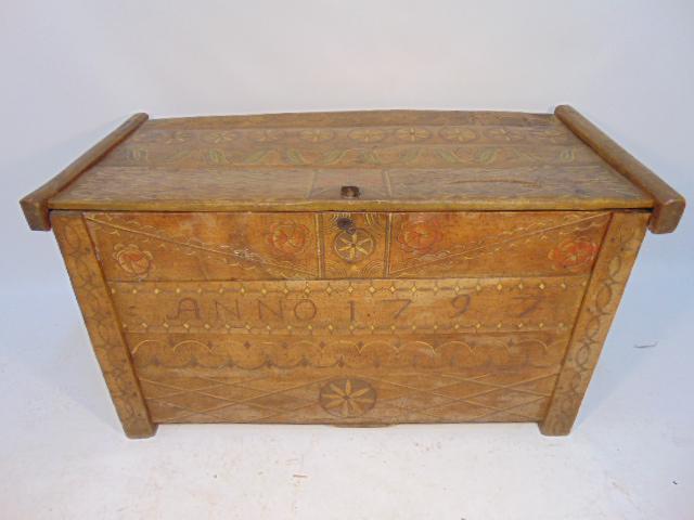Early decorative carved trunk, Anno 1797, with (1 of 8)