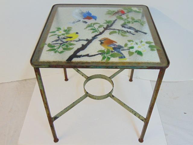 Iron base, glass top side table with bird decorated (1 of 6)