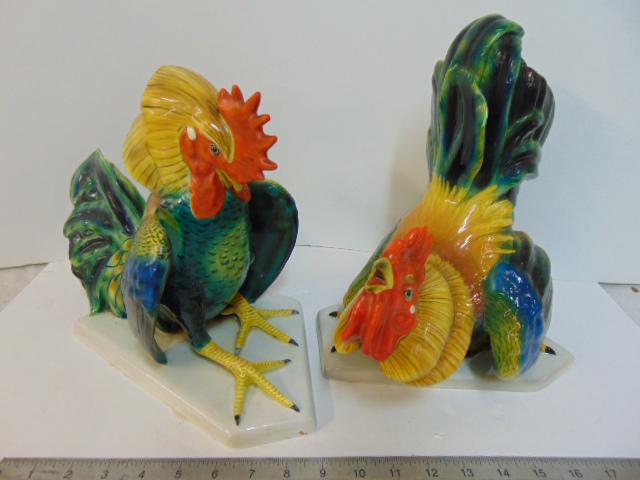 Pair Lenci ceramic roosters, Italian art pottery, (1 of 12)