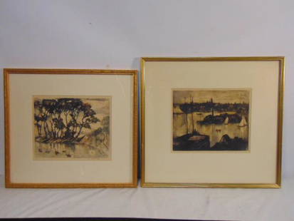 Pair prints, William Meyerowitz, signed in pencil,: Pair prints, William Meyerowitz, signed in pencil, landscape with house, pond, 8.5" by 10.25" & Harbor scene with town view, 8.5" by 10.25"