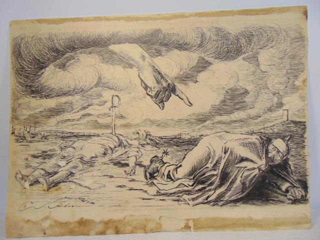 Pen & ink drawing, Charles Dana Gibson, WW1 scene, (1 of 10)