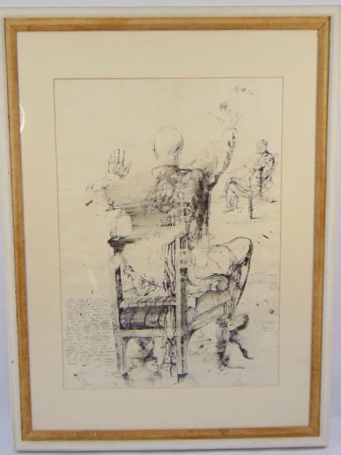Drawing, man in chair, "Beograd 1962", (Yugoslavia,: Drawing, man in chair, "Beograd 1962", (Yugoslavia, Serbia), study in ink on paper, man in chair, with extensive writing, 27" by 19 3/8", has minor tear in bottom margin (less than 1 ")
