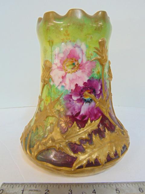 Royal Bonn floral decorated vase, with gilt detail: Royal Bonn floral decorated vase, with gilt detail (thistles), height is 7.5", in good condition.