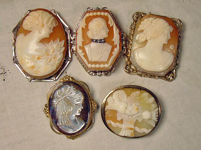 5 Cameos, portraits & floral, gold mounted, includes (1 of 7)