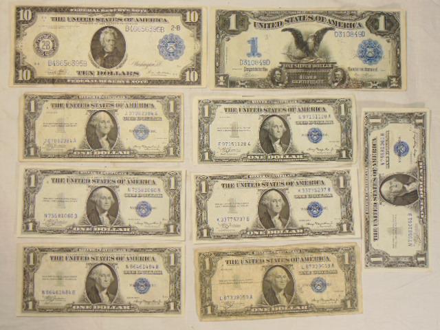 Lot silver certificates, $10 & $1, includes series of (1 of 12)