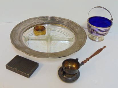 Silver lot, Robert Linzeler burner, glass & silver tray: Silver lot, Robert Linzeler burner, glass & silver tray by Wallace, Gorham sterling bowl with cobalt glass insert, small box.