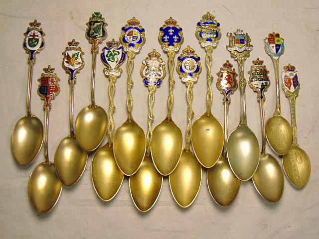 Lot silver enameled souvenir spoons, includes matching (1 of 6)