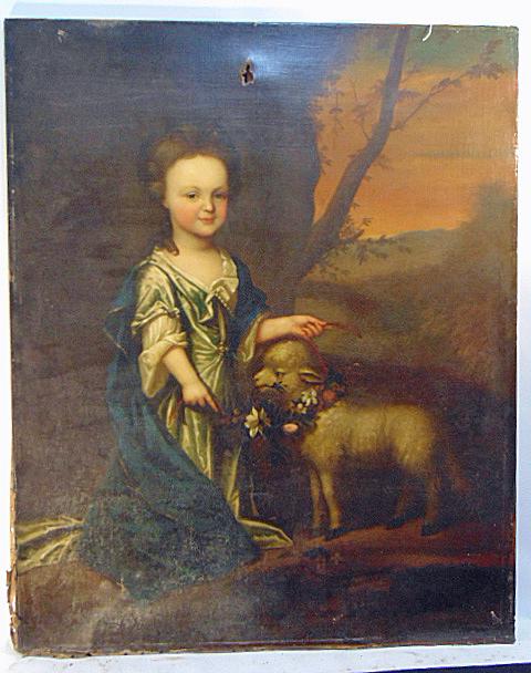Early painting, child & sheep, oil on canvas, old: Early painting, child & sheep, oil on canvas, old master style with child under tree and sheep holding flowers, canvas is 50" by 40.5", canvas ripped at bottom, has hole in top, needs to be relined & 