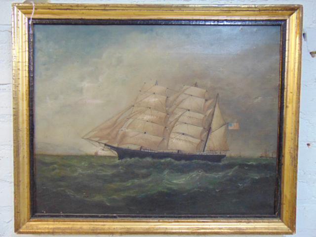 Painting, sail ship at sea, US flag, oil on canvas, 3: Painting, sail ship at sea, US flag, oil on canvas, 3 masted sail ship in open seas, steam ship in distance, unsigned, canvas is 17" by 21.5"