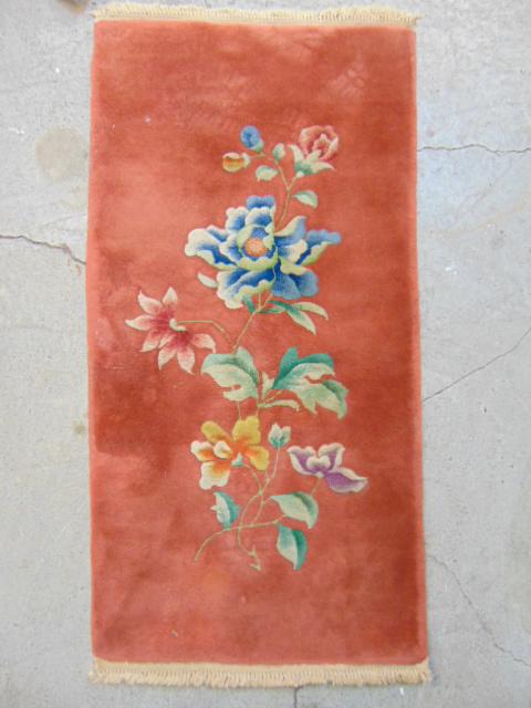 Chinese scatter rug, in orange with floral decoration, (1 of 4)