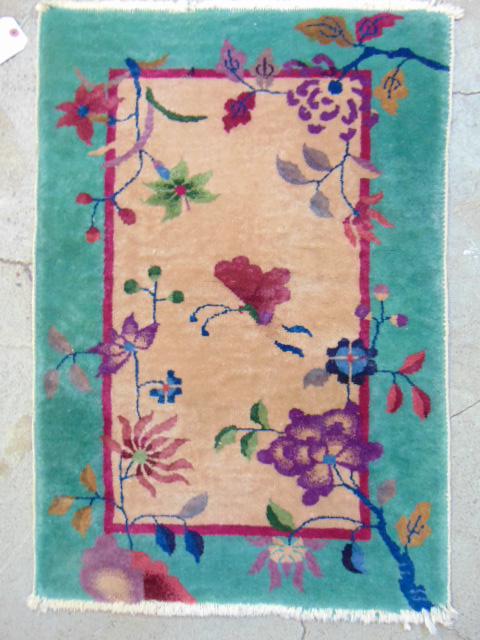 Chinese scatter rug, floral decorated, green border, (1 of 4)