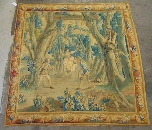 Verdure tapestry, 18th Century, girl on swing pulled by (1 of 15)