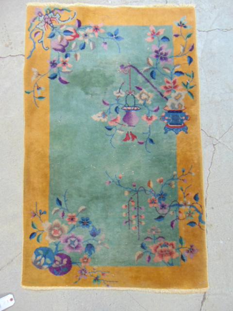 Chinese scatter rug, green with beige border, 57" by (1 of 4)
