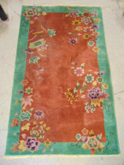 Chinese carpet, green border, salmon floral decorated (1 of 6)