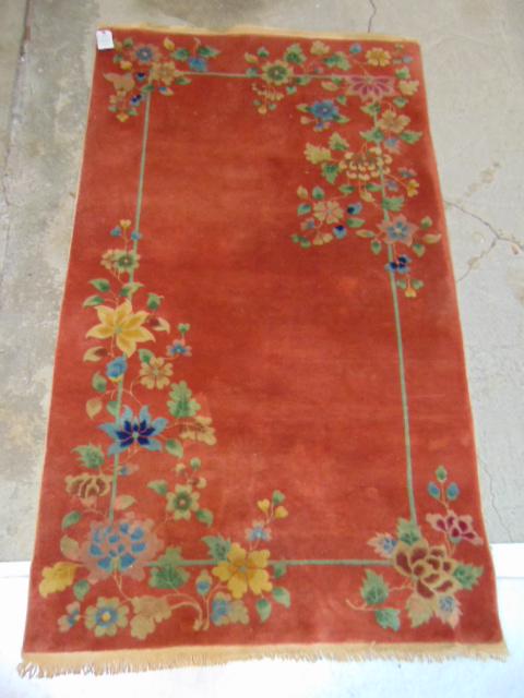 Chinese scatter rug, salmon colored with floral detail, (1 of 5)