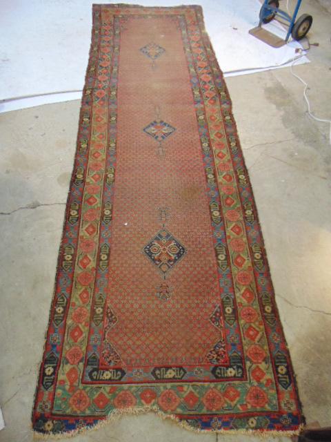 Persian carpet, runner, red, blue, worn, loss at ends, (1 of 7)
