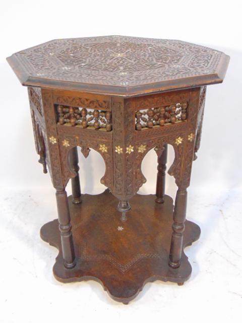 Early octagonal top Moroccan table, carved & inlaid top (1 of 11)