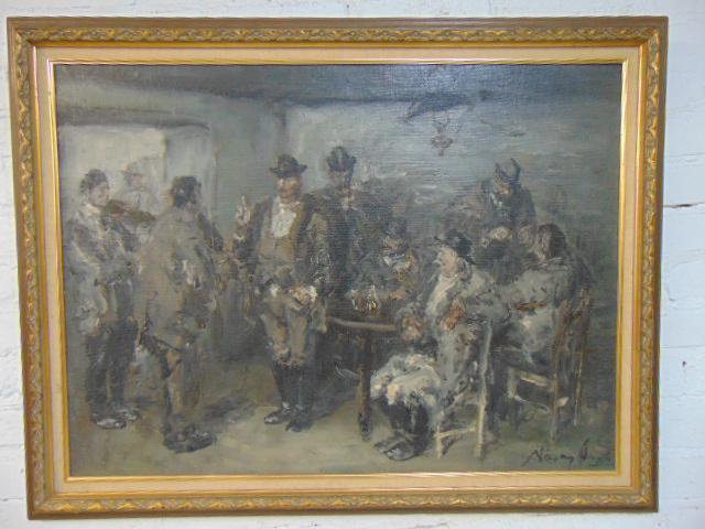 Painting, figures in bar, pub, signed illegibly, oil on: Painting, figures in bar, pub, signed illegibly, oil on canvas (burlap), 23" by 31"