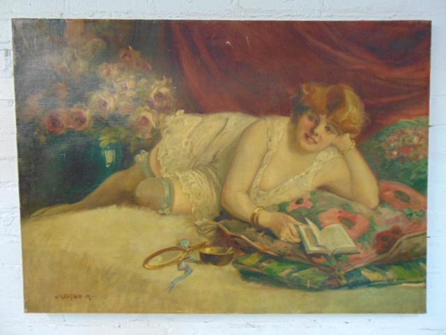Painting, nude, Robert Geiger, oil on canvas, lady in: Painting, nude, Robert Geiger, oil on canvas, lady in lingerie reclining on bed, unframed, canvas is 28" by 39"
