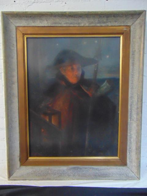 Painting, man with horn, Berthold Woltze, pastel, dark: Painting, man with horn, Berthold Woltze, pastel, dark portrait of a man with horn, lance, face illuminated by lantern, painting is 27" by 20.5"