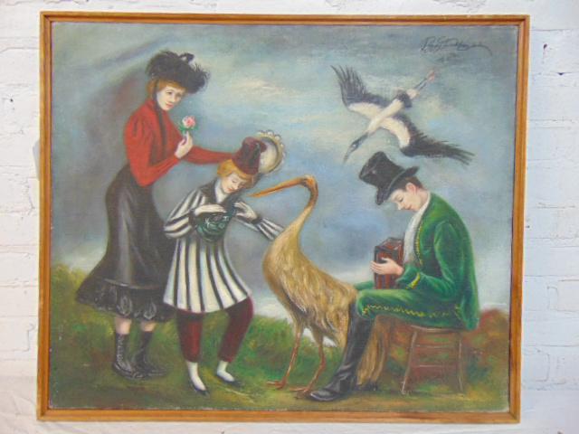 Painting, figures & birds, Peggy Dodds, 1948, oil on (1 of 6)