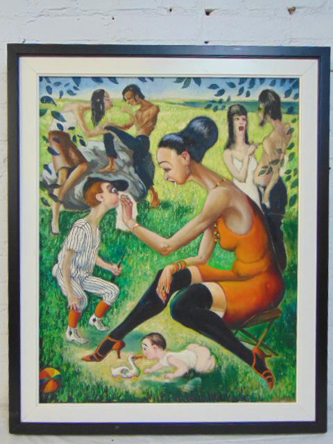 Painting, caricature figures in field, unsigned, canvas (1 of 7)