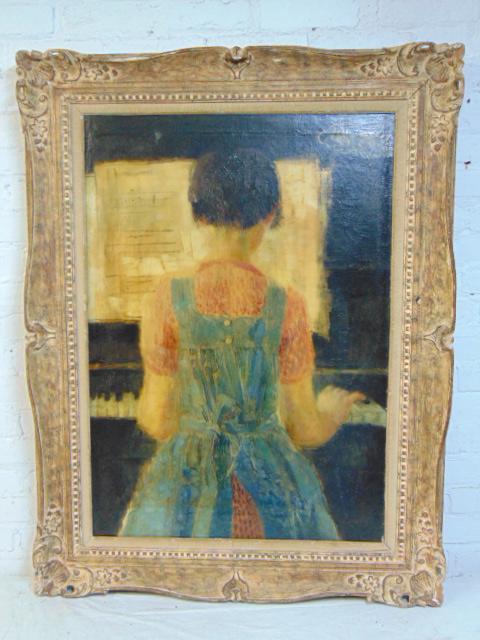 Painting, girl behind piano, unsigned, restored,: Painting, girl behind piano, unsigned, restored, repaired, relined, oil on canvas, 36.25" by 25.5", ex-Kaminski auctions, has small tear (left side of head)