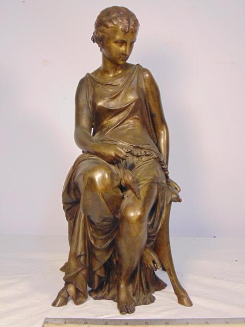 Bronze, seated woman holding small oil lamp, grand tour: Bronze, seated woman holding small oil lamp, grand tour bronze, unsigned, woman seated on small stool in neo-classical dress, hoof feet on stool, bronze is 16.75" tall.