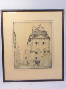 Etching, Bror Julius Olsson Nordfeldt, "La Rue St.: Etching, Bror Julius Olsson Nordfeldt, "La Rue St. Jacques, Paris", 12.5" by 10.5" (art only)