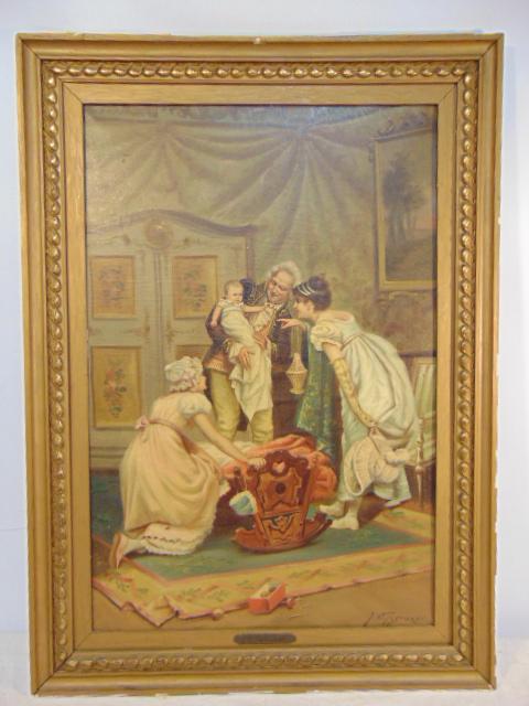Painting, genre, signed J.C. Tuscano, oil on canvas,: Painting, genre, signed J.C. Tuscano, oil on canvas, man & woman holding young child in elaborate interior setting, canvas is 30" by 20', has small (old) repair.