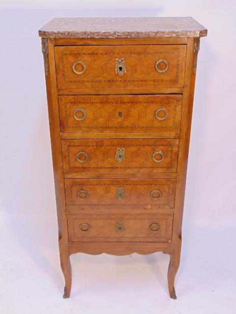 Marble top inlaid French lingerie chest, 5 drawers, (1 of 4)