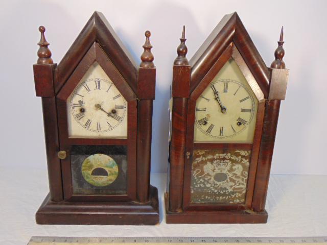 2 Gothic steeple cathedral mantle clocks, in mahogany, (1 of 5)