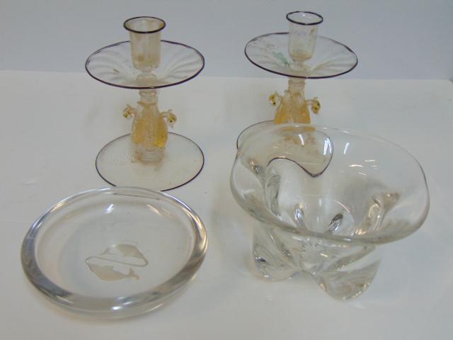 Glass lot, pair Venetian glass candlesticks with gold (1 of 6)