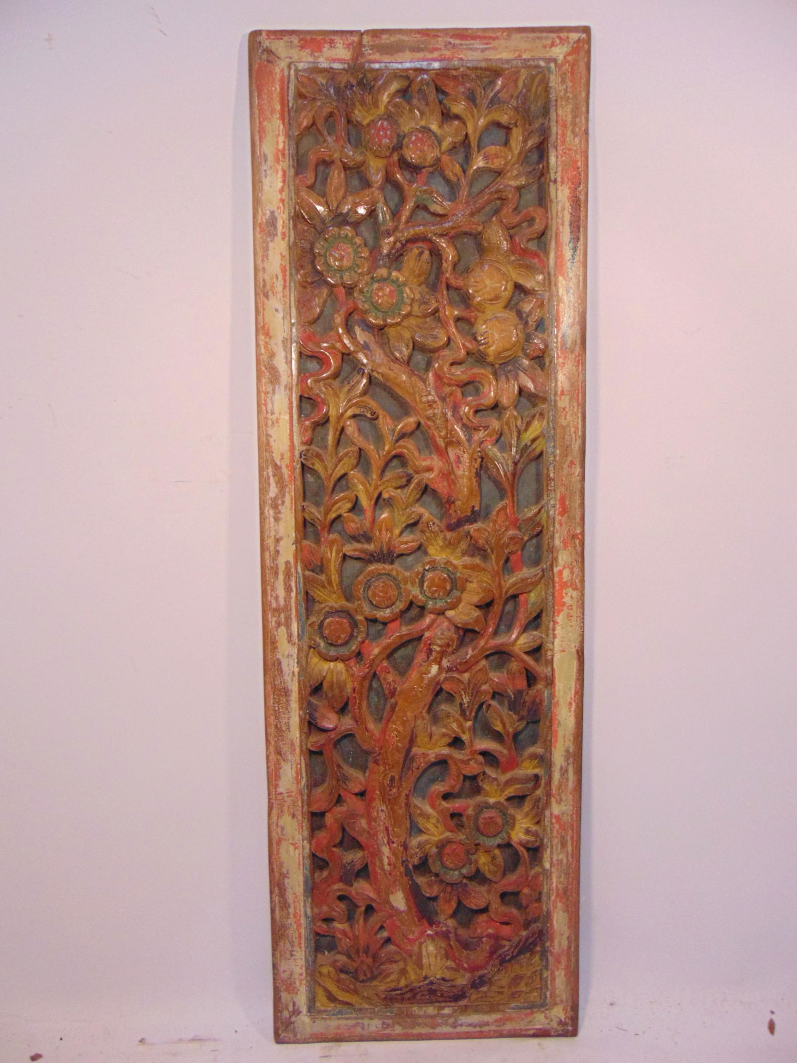 Floral carved wood & paint decorated panel, panel is (1 of 6)