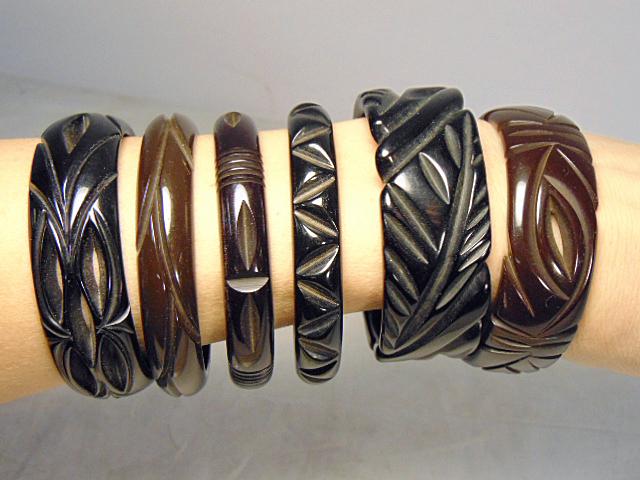 Bakelite Jewelry (6) carved vintage bracelets, tested (1 of 8)