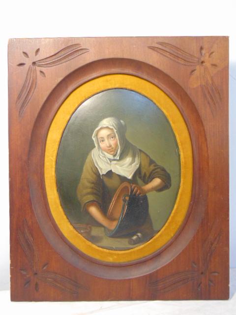 Painting, portrait maid cleaning copper pot, unsigned,: Painting, portrait maid cleaning copper pot, unsigned, oil on board, oval, possibly Dutch or German, painting is 8.25" by 6.25"