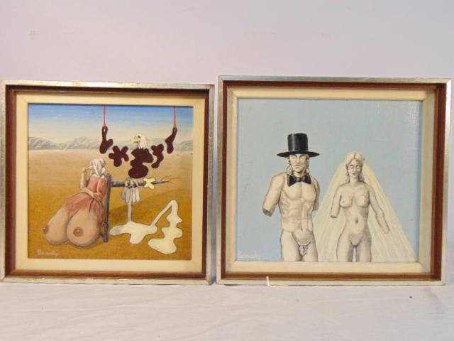 Pair paintings, John Pacovsky, surreal scenes, oil on (1 of 10)
