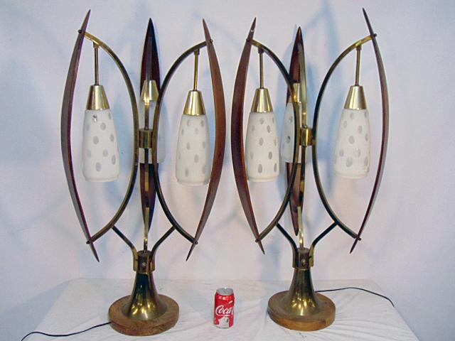 Pair Mid Century table lamps, teak "wings" holding (1 of 4)