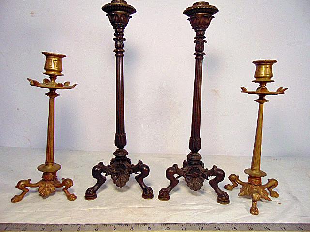 2 pair candlesticks, bronze & brass, both with paw (1 of 8)