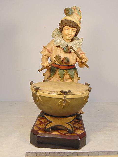 Figural humidor, Jester banging drum, lid is top of: Figural humidor, Jester banging drum, lid is top of drum, signed "B.U.", in excellent condition, no repairs, height is 15.5"