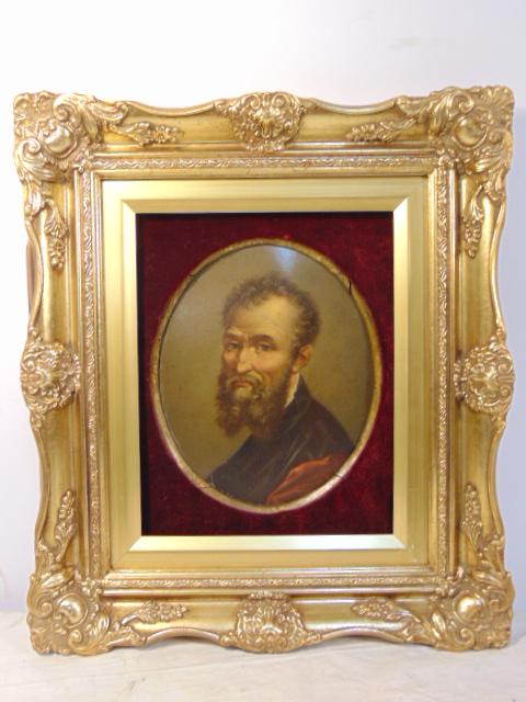 Painting, 19th cent portrait Michelangelo, oil/board, (1 of 4)