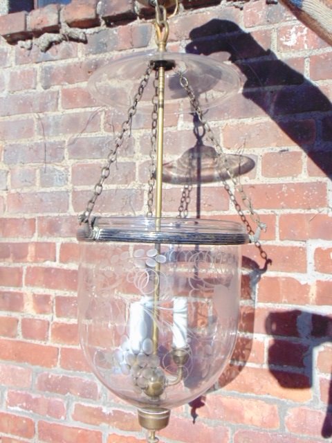 Crystal hanging bell shade, etched glass: Crystal hanging bell shade, etched glass, suspended on 3 chains, electrified, height is 26"