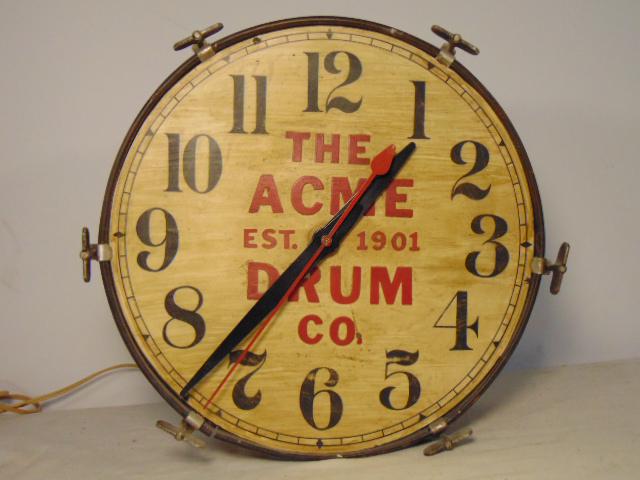 Advertising clock, "The ACME Drum Co", est. 1901, by: Advertising clock, "The ACME Drum Co", est. 1901, by McLaren Action signs, diameter is 11.5", in working condition