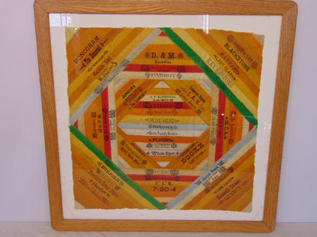Quilted collage of silk cigar box ribbons, framed, (1 of 10)