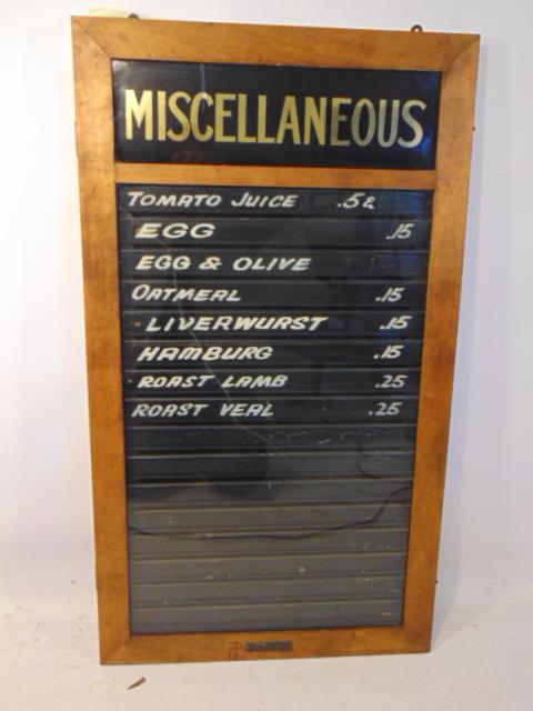 Menu sign, "Ideal Menu Bulletin", with sliding signs: Menu sign, "Ideal Menu Bulletin", with sliding signs for menu items, "Miscellaneous" in gilt letters (Eglomise), sign is 38" by 21.75"