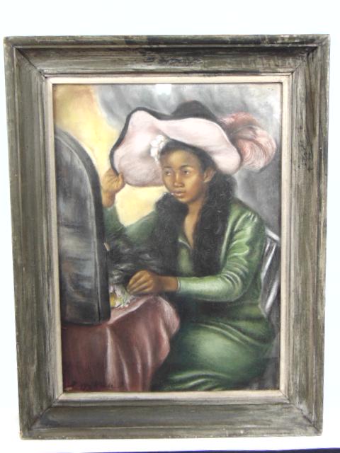 Painting, girl with hat, signed Peggy Dodds, pastel, (1 of 5)