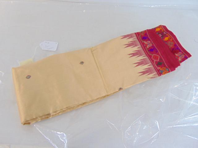 Sari fabric panel, in gold toned with red border, (1 of 5)