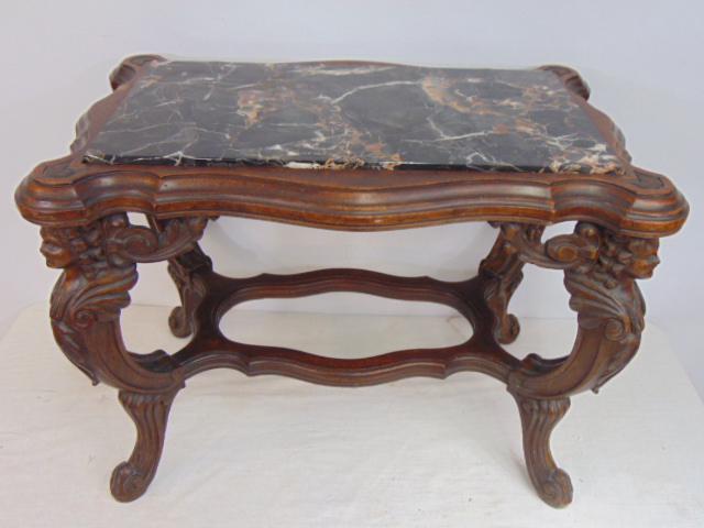 Small carved base black marble top side table, top is (1 of 5)