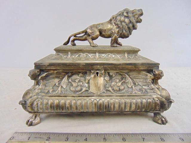 Silver-plate jewelry casket with lion, winged griffins, (1 of 7)