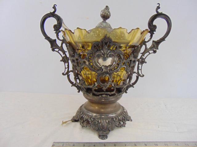 Crystal & pewter punch bowl with ladle, amber glass (1 of 6)